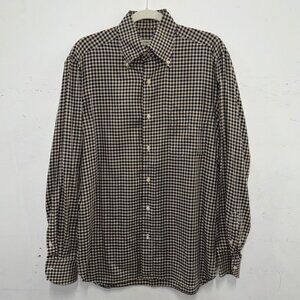 ISAIA brown navy beige cotton gingham button down shirt